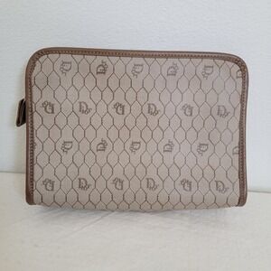 Christian Dior VTG Honeycomb Monogram Clutch Bag Tan Brown Leather Zip Canvas